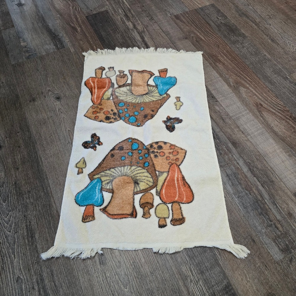 Vintage 1970's Cannon Mushroom & Butterflies Hand Towel Merry Mushroom Boho